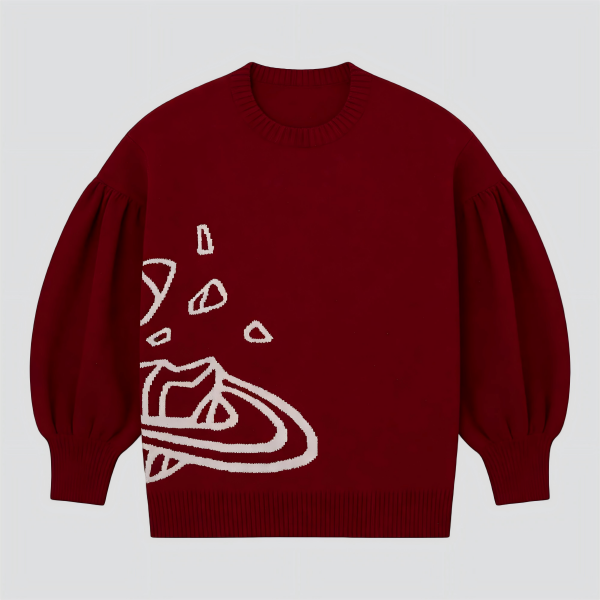 Burgundy Knitted Sweater with Abstract Motif