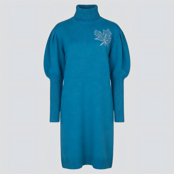 Teal Turtleneck Knitted Dress with Maple Leaf Embroidery