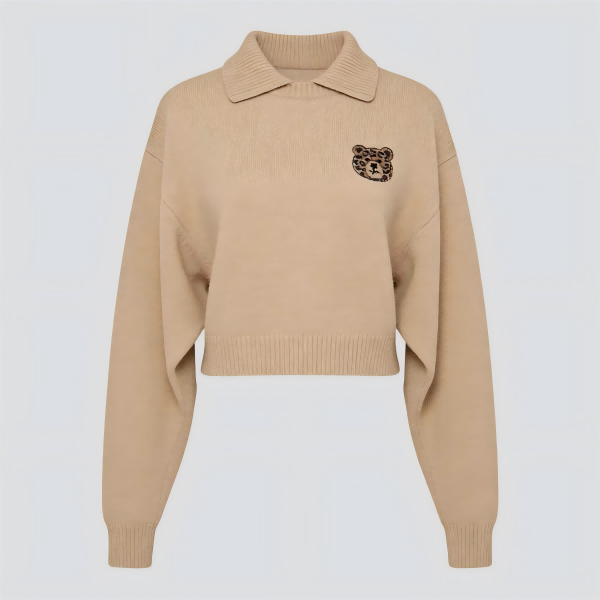 Beige Knitted Polo Sweater with Leopard Embroidery