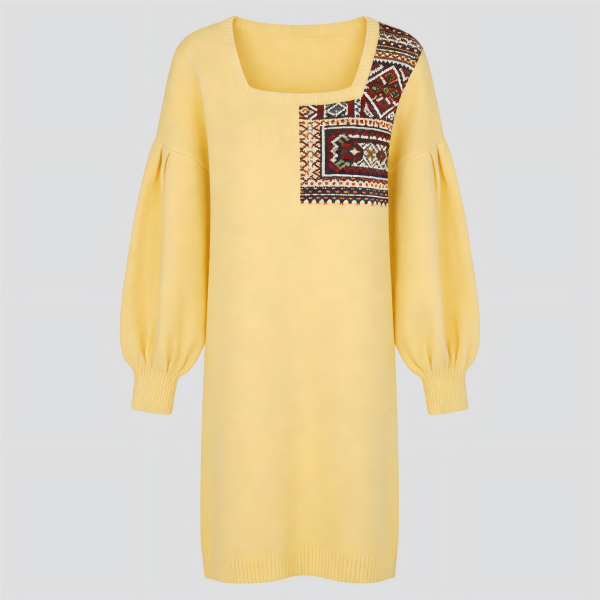 Yellow Knitted Dress with Ethnic Pattern